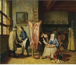 Interior Of A Butcher's Home, With A Slaughtered Pig, A Womancleaning Carrots, A Little Boy Blowing On The Bladder, And Figuresnear A Fireplace by Josef Horemans Younger The Jan