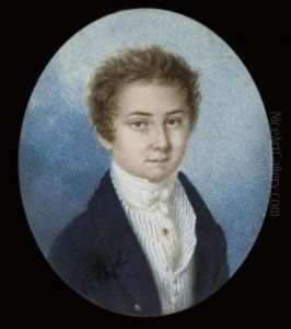 A Young Boy, In Open Blue Coat, Blue Striped White Waistcoat, A Gold Stickpin In His Pleated Shirt, Tied White Cravat by Robert Theer