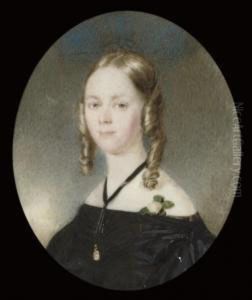 A Young Lady, In Off-the-shoulder Black Dress, A Pink Rose At Her Shoulder, Wearing A Cameo Suspended From A Black Ribbon At Her Throat, Fair Hair In Ringlets