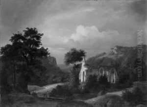 Mittelgebirgslandschaft Mit Kirchenruine. Ol Auf Leinwand. H 96; B 128 Cm. Tafel