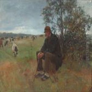 Farmer Watching The Cows In The Field by Michael Therkildsen