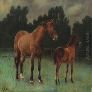A Mare With A Foal In The Field by Michael Therkildsen
