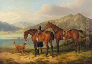 Rider and Two Bays by a Lake (Reiter und zwei Pferde am See) by Albrecht Adam