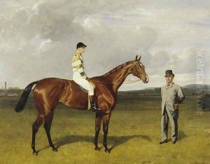 'Mimi' with Rickaby up with her Trainer, Mr Matthew Dawson, 1891 by Emil Adam