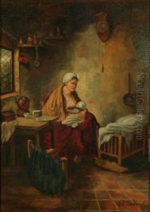 Boereninterieur Met Moeder En Zogende Baby