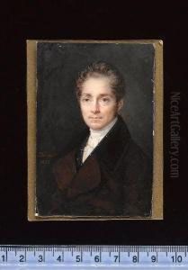 A Gentleman, Wearing Brown Coat With Black Velvet Collar, Blue Waistcoat With White Spots, Frilled White Chemise And Tied Cravat.