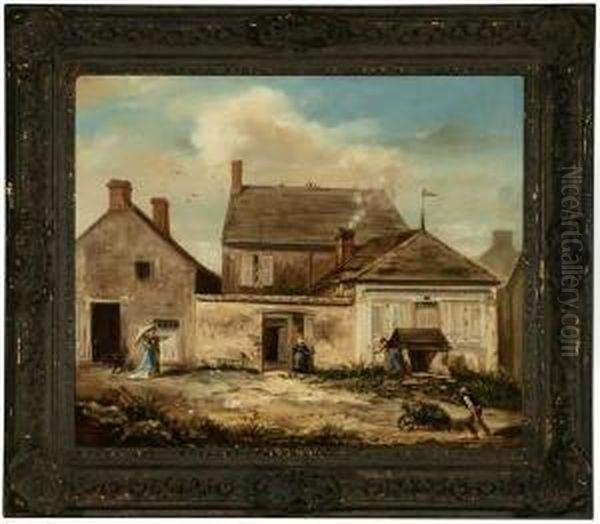Figures In A Yard Before A Group Of Houses - view 1