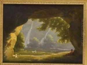 Repos Du Berger Et De Son Troupeau Devant Une Cascade by Jean Thomas Thibault
