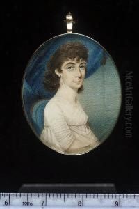 A Lady, Seated In A Blue Upholstered Chair, Wearing A White Dress With Rope Belt And Large Pearl Earrings, Her Brown Hair Curled, Blue Curtain And Interior Background