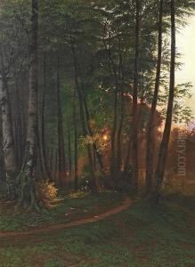Forest With Woman And Little Child On A Path by Anton Thiele