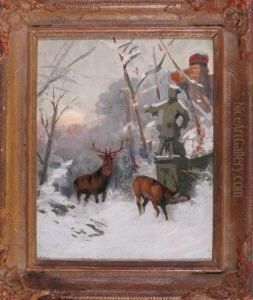 Rotwild An Einer Statueim Winterwald Bei Gegenlicht by Arthur Thiele