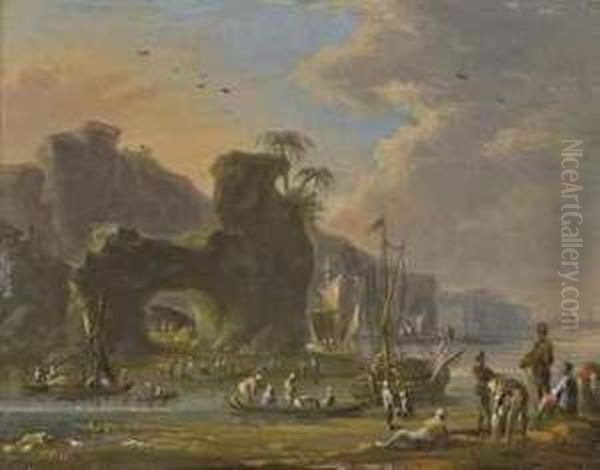 Deux Scenes De Dechargement De Bateaux Au Soleil Couchant - view 1