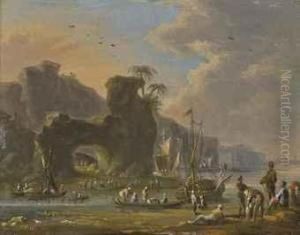 Deux Scenes De Dechargement De Bateaux Au Soleil Couchant by Johann Alexander Thiele