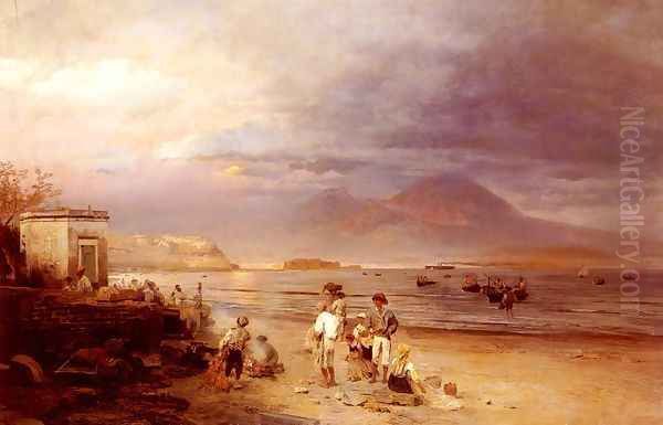 Fishermen with the Bay of Naples and Vesuvius beyond - view 1