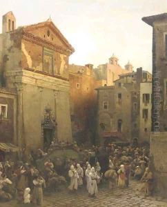 A procession in Palestrina, Italy by Oswald Achenbach