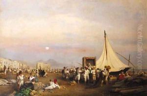 A Punch and Judy show on a beach along the shore of Naples, the Vesuvius in the distance by Oswald Achenbach