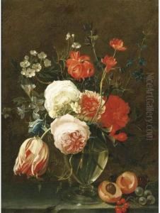A Still Life Of Flowers In A Glass Vase With Fruit On A Stoneledge
