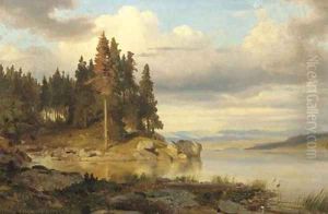 Calm autumn day by a lake, hills in the distance by Oswald Achenbach