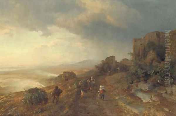 Figures on a Track in an Italian Coastal Landscape by Oswald Achenbach