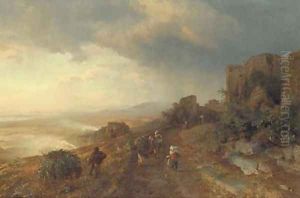 Figures on a Track in an Italian Coastal Landscape by Oswald Achenbach