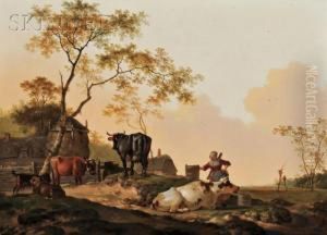 Pastoral Scene With Peasant And Animals In A Farmyard