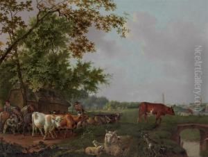 An Extensive Landscape With Drovers, Cattle, Sheep And A Distantview Of Bruge