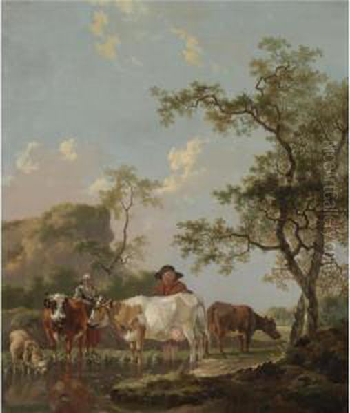 A Landscape With Two Peasants And Their Cattle Beside A Stream - view 1