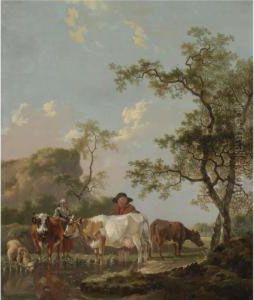 A Landscape With Two Peasants And Their Cattle Beside A Stream by Barent Hendrik Thier