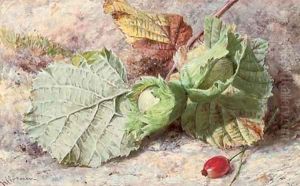 Still life of hazelnuts and a rose hip by Helen Cordelia Coleman Angell