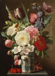 Blumenstillleben Mit Rosen Und Tulpen In Einer Delfter Vase by Augustin Alexandre Thierriat