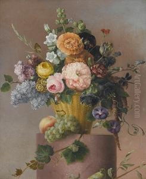 Roses, Morning Glory, Carnations, Stocks, Auriculas And Other Flowers In A Basket On A Stone Edge With Grapes And A Peach, A Greenfinch On A Branch Below - view 1