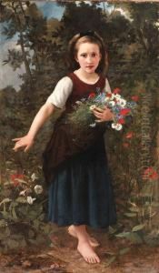 A Young Girl Holding Flowers by Charles Victor Thirion