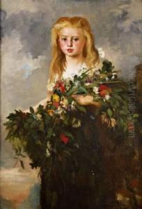 Portrait De Fillette A La Gerbe De Fleurs by Eugene Thirion