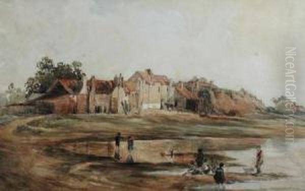 A Scottish Village With Children Playing By A Pond - view 1