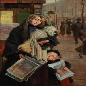 A Young Mother And Her Children Are Selling Journals On A Parisian Boulevard by Auguste Antoine Thivet