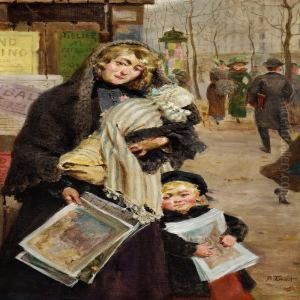 A Young Mother And Her Children Are Selling Journals On Aparisian Boulevard