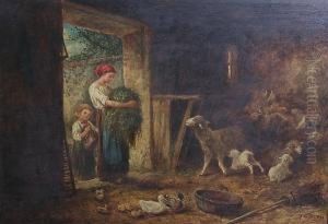 Mother And Child By A Barn Door, With Sheep, Lambs And Ducks by James C. Thom