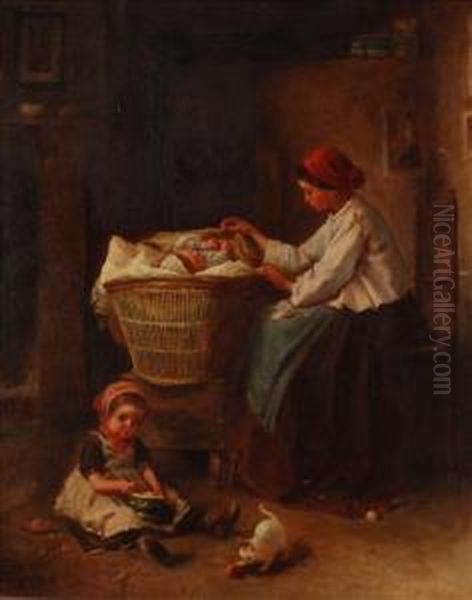 A Mother Andher Children In A Cottage Interior - view 1