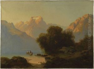Canoers On A Mountain Lake by Josef Thoma