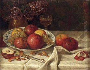 Stillleben Mit Obst Und Vase Mit Blumen
