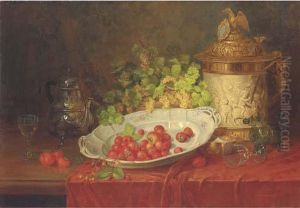 Strawberries, Grapes And An Ornamental Jug On A Draped Table by Carl Thoma-Hofele