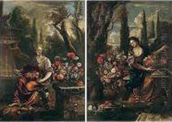 Female Figures Bearing Fruit Seated Beside Bouquets Of Flowers In Ornamental Gardens - view 1