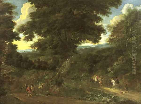 A wooded landscape with travellers on horseback by Jacques d' Arthois
