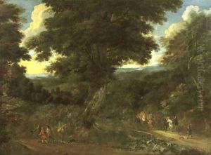 A wooded landscape with travellers on horseback by Jacques d' Arthois