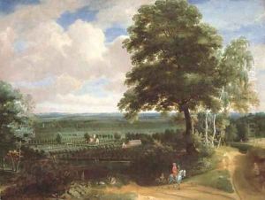 A panoramic landscape with a huntsman on a path and a manor house with formal gardens beyond