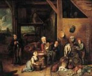 A Peasant Family In A Barn With Vegetables And Kitchen Utensils Inthe Foreground by Gerard Thomas