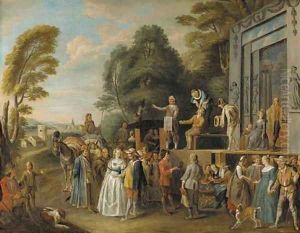 The Charlatans an outdoor theater with a quack doctor and an audience of gentry, monks and townsfolk