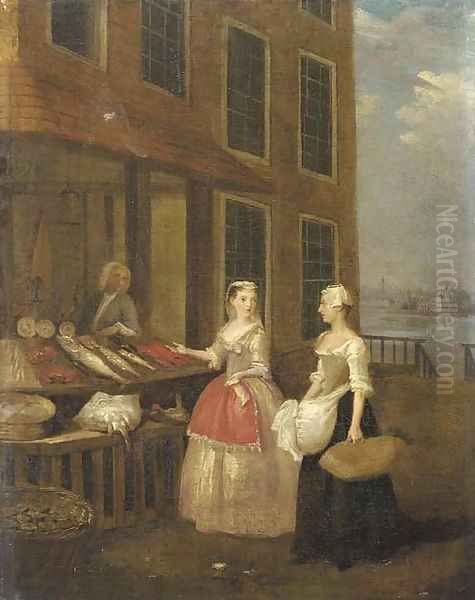 A lady and her maid at a fishmonger the river Thames with the Monument and the City of London visible beyond - view 1