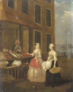A lady and her maid at a fishmonger the river Thames with the Monument and the City of London visible beyond by Pieter Angellis