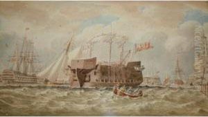 A Hulk And Other Vessels Off A Waterfront